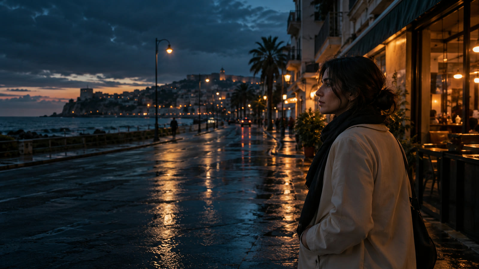 An original cinematic scene of a woman on a waterfront street at dusk
