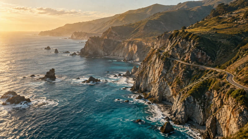 Generated coastal landscape at golden hour