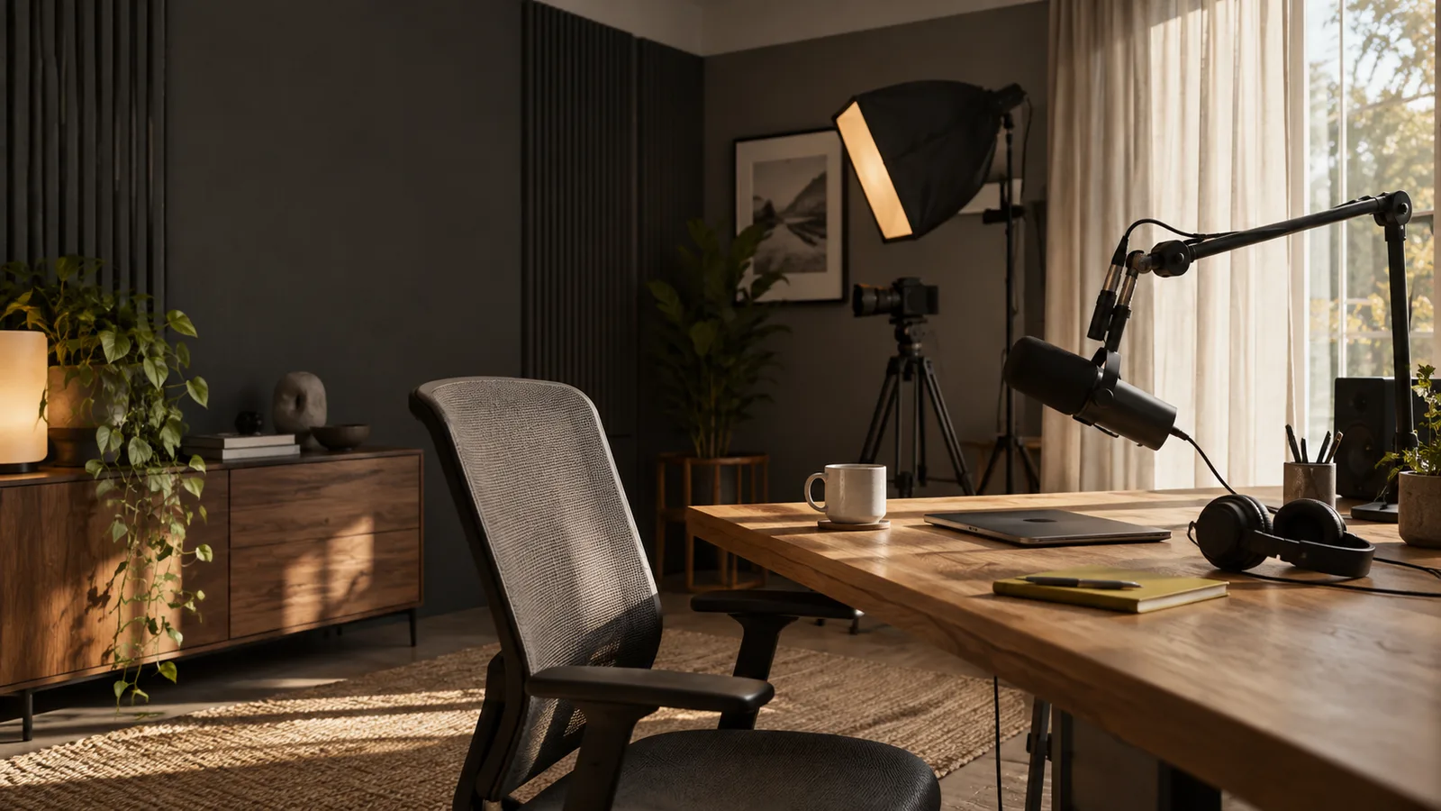 An editorial recording workspace with a desk, lighting and natural materials